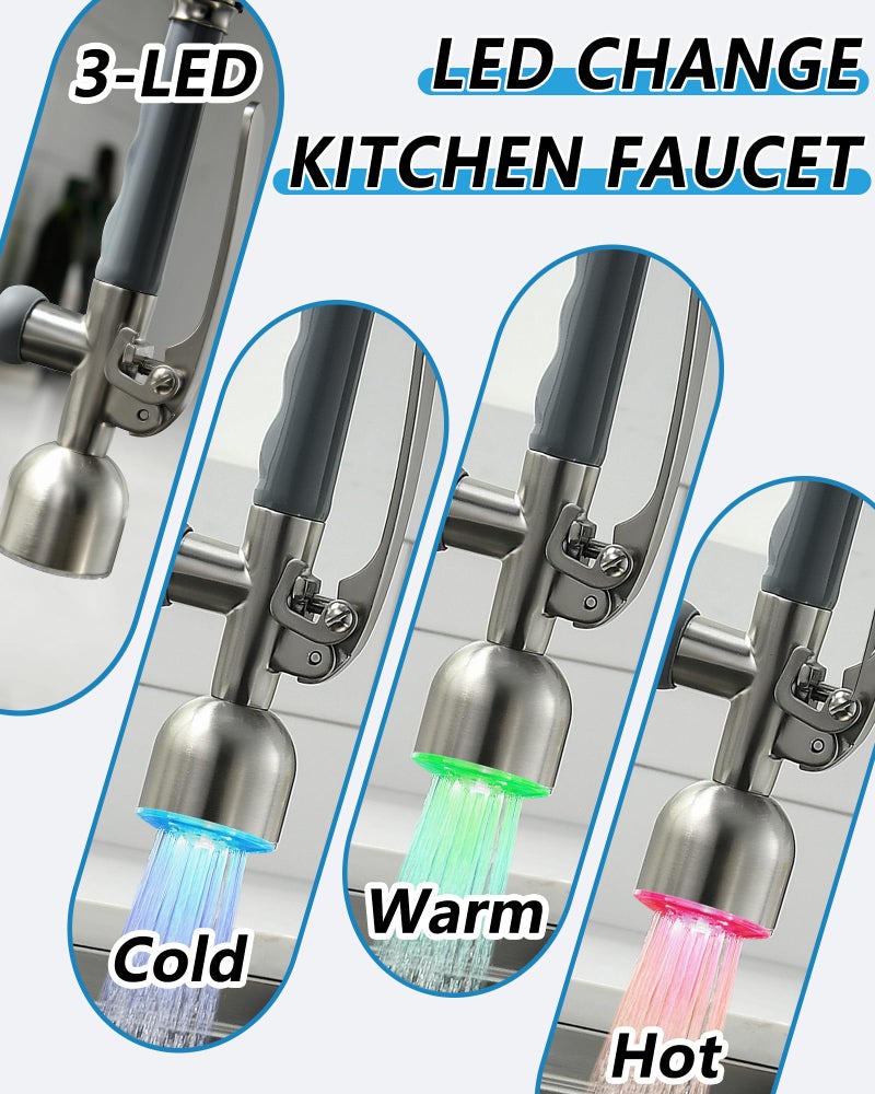 Fapully Commercial Single Handle Pull Down Sprayer Brushed Nickel Kitchen Faucet, Kitchen Sink Faucet with LED Light - Image 3